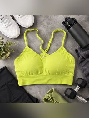 Pro-Fit Seamless Sports Bra Medium Lime Green Strappy Adjustable Padded Yoga